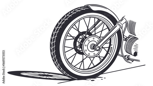 Detailed black and white illustration of a motorcycle s front wheel with spokes tire tread brake disc and suspension fork casting a shadow on a white background