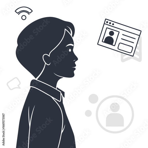 Silhouette of a person in profile with icons representing online profile communication and connectivity symbolizing digital identity and social media engagement