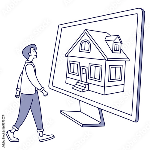 A person walks towards a computer screen displaying a line drawing of a house symbolizing digital real estate exploration and virtual property viewing