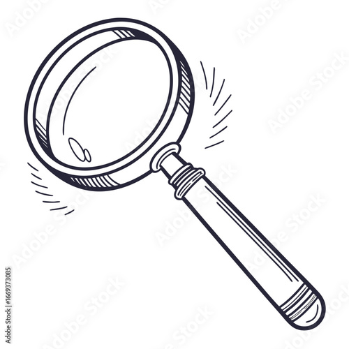 A classic hand drawn sketch of a magnifying glass with radiating lines suggesting discovery or focus perfect for concepts of research and investigation