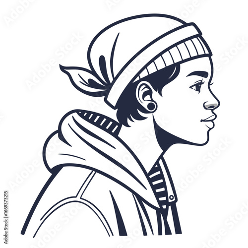 Stylized black and white vector illustration profile of a young woman wearing a beanie and hoodie conveying a modern urban aesthetic and confident attitude