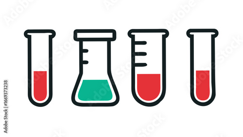 Four laboratory test tubes and flasks with red and teal colored liquid against a black background representing scientific research and experiments