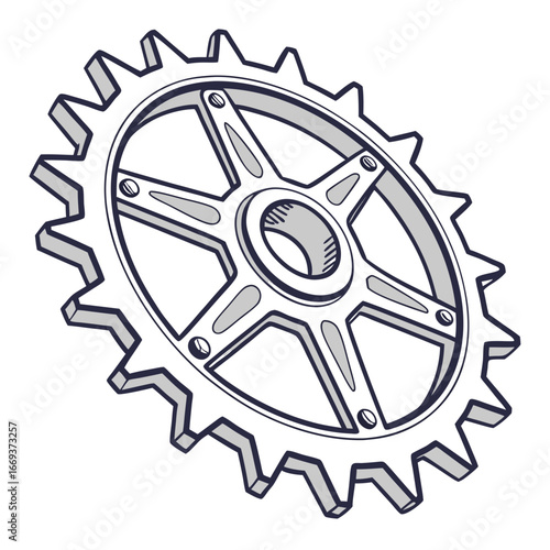 Detailed illustration of a single metallic bicycle chainring with five spokes and a central hub isolated on a white background representing mechanical engineering and cycling components
