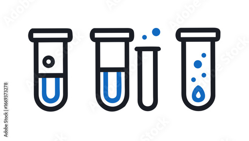 Set of four stylized laboratory test tubes with blue liquid and bubbles against a black background representing scientific experimentation and research