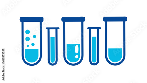 A colorful illustration of five laboratory test tubes filled with blue liquid and bubbles against a black background representing scientific research and experimentation
