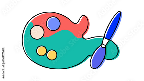Whimsical cartoon airplane with a playful design featuring a red top teal body and blue propeller adorned with cream blue and yellow circles representing windows and lights