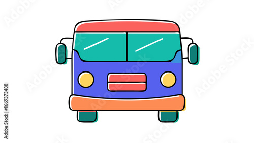 A whimsical and colorful cartoon illustration of a front view of a bus with a red top blue body teal windows orange bumper and yellow headlights against a stark black background