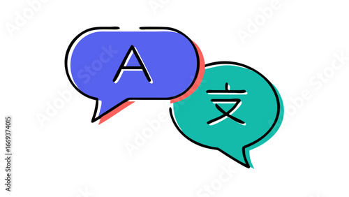 Two speech bubbles one with the letter a and the other with a chinese character symbolizing language translation and communication across cultures