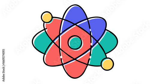 Stylized illustration of an atom model with orbiting electrons depicted in vibrant coral blue and teal colors against a stark black background