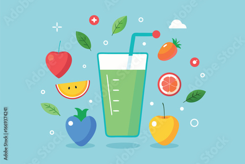 Healthy Green Smoothie with Fruits and Vegetables Flat Vector Illustration