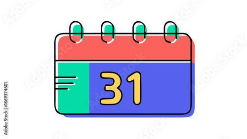 A stylized flat design illustration of a calendar page showing the number thirty one with a coral red top and a teal and blue body against a black background