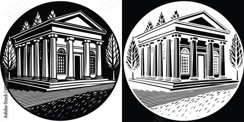 Elegant neoclassical building with stately columns and trees evokes a sense of timeless grandeur and authority