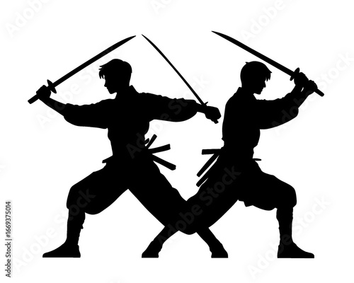 Silhouette of ninja fighting, vector illustration
