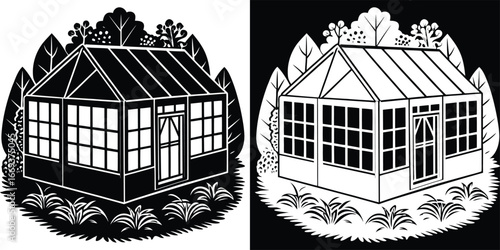 Charming greenhouse nestled amidst lush foliage, a serene sanctuary for growing plants and creating a tranquil garden oasis.