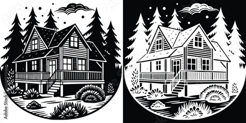 Charming wooden cabin nestled amongst tall pine trees creating a serene forest retreat ambiance