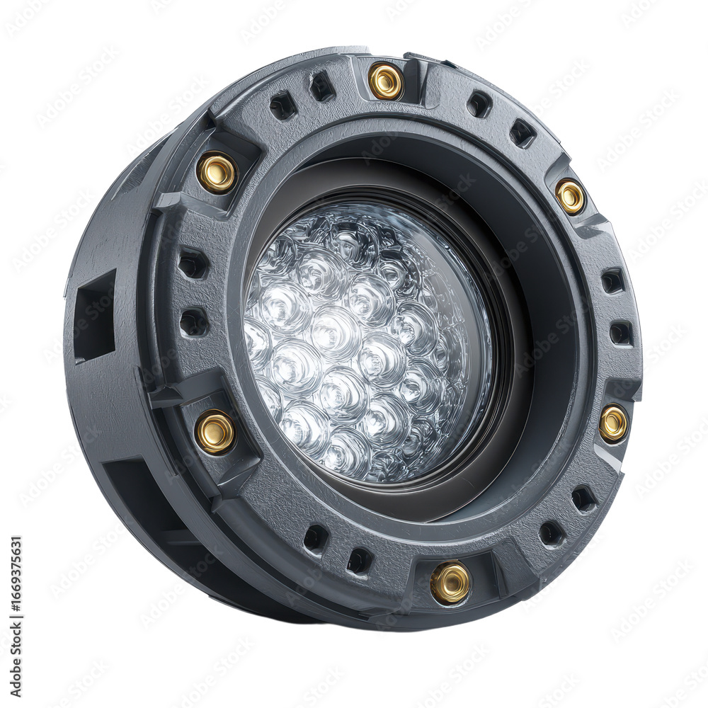 Obraz premium A detailed 3D render of a circular metallic device with multiple LEDs and visible screws