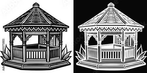Elegant hexagonal gazebo design with ornate detailing and decorative trim, perfect for garden retreats and outdoor events.