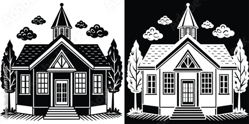 Charming house with steeple and trees under cloudy skies, perfect for neighborhood or real estate themes