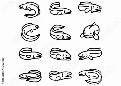 A set of black and white vector eel on a white background