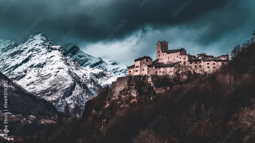 Fototapeta premium A majestic ancient village nestled high in the mountains, cradled beneath a dramatic sky.