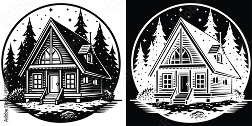 Cozy cabin retreat nestled amongst snowy pine trees under a starry night sky, evoking peaceful winter escape