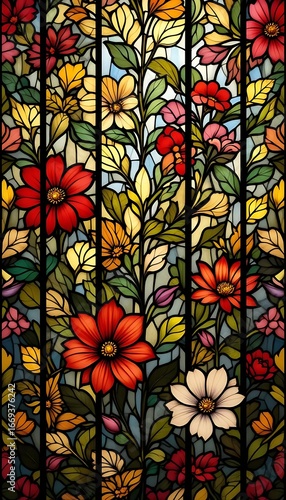 Wallpaper Mural A beautifully intricate floral background designed in the style of stained glass, featuring a seamless pattern of natural botanical elements Torontodigital.ca