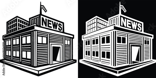 Modern stylized news building graphic with 'NEWS' signage and flag, perfect for media and information themes