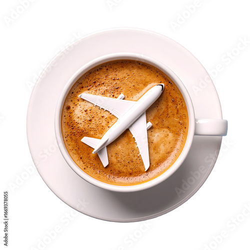 Airplane model in top view designs created on top of espresso based drinks lattes in white coffee cup on Transparent Background.	