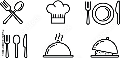 Flat vector illustration, food and dining icons, fork and spoon, chef hat, plate with utensils, serving dish, cloche, restaurant symbol, culinary design