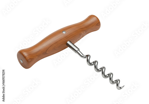 Isolated wine bottle opener featuring a wooden handle and metal corkscrew