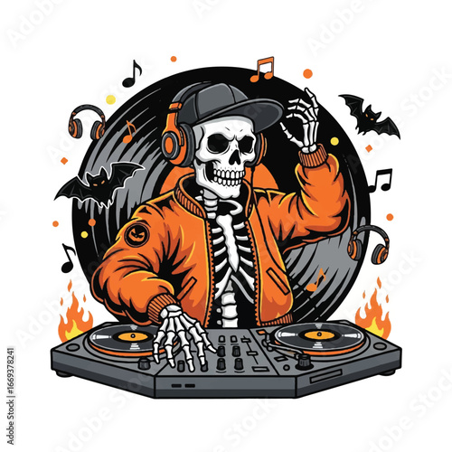 A skeleton DJ wearing a baseball cap and orange jacket, mixing music on a turntable, surrounded by Halloween-themed elements.