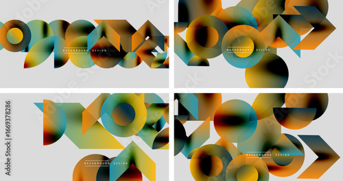Abstract geometric designs. Overlapping circles, squares create vibrant patterns. Modern backgrounds suitable for digital projects.