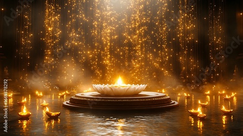 Golden diya lamps floating on water with sparkling lights and lotus oil lamp