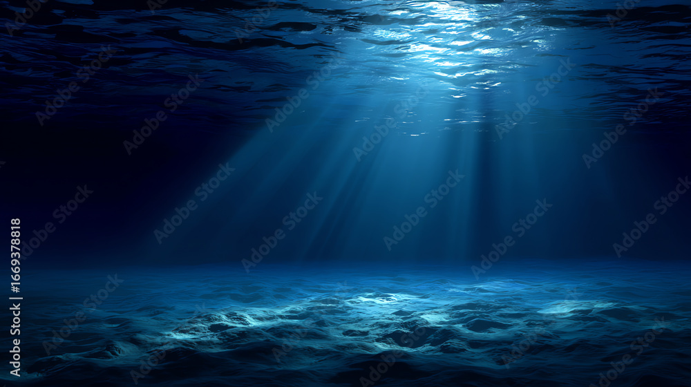 Fototapeta premium Sunlight penetrates the deep ocean, illuminating the sandy seabed with beams of blue light in a serene underwater scene