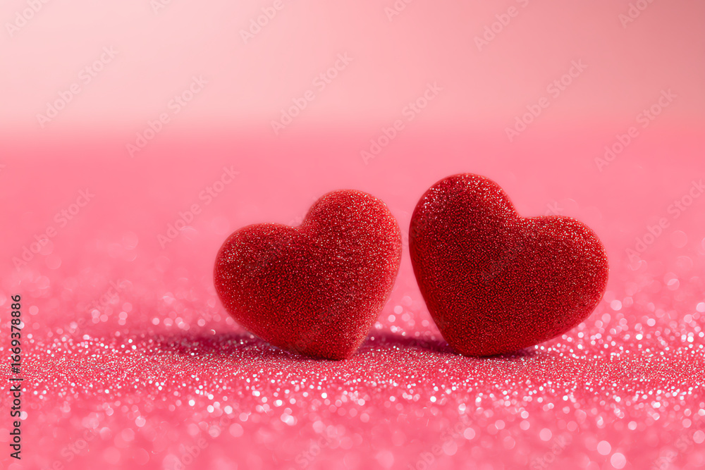 Obraz premium Two glittery red hearts placed closely on a sparkling pink surface, symbolizing love and romance with a soft, dreamy background