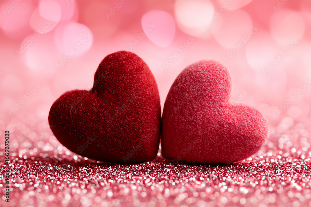 Fototapeta premium Two soft, fuzzy hearts in red and pink sit side by side on a sparkling pink surface with a blurred pink bokeh background