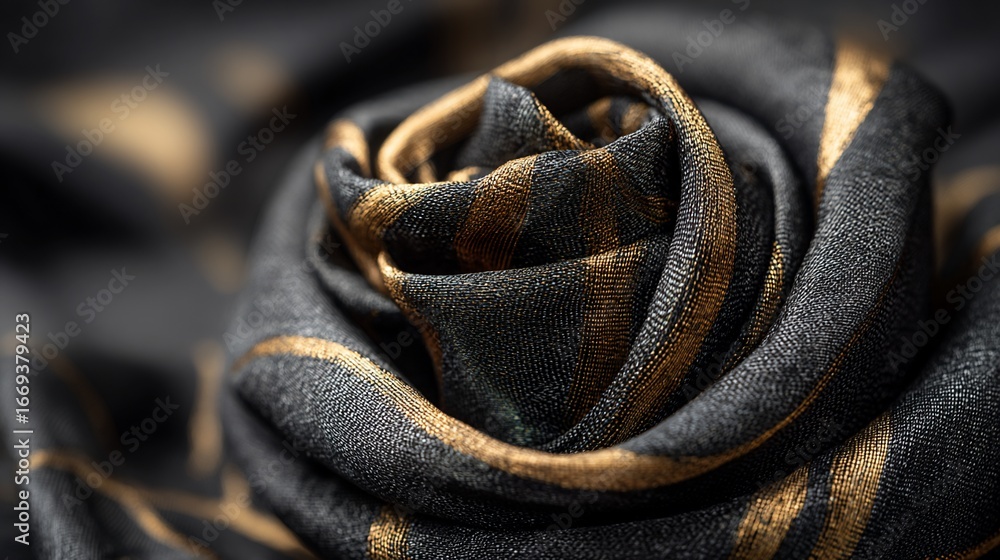 Fototapeta premium Fabric rose close-up black material with gold lines, elegantly coiled flower