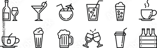 Flat vector illustration, beverage icons, drink symbols, wine bottle, martini glass, cocktail icon, coffee cup, beer mug, tea cup, soda glass