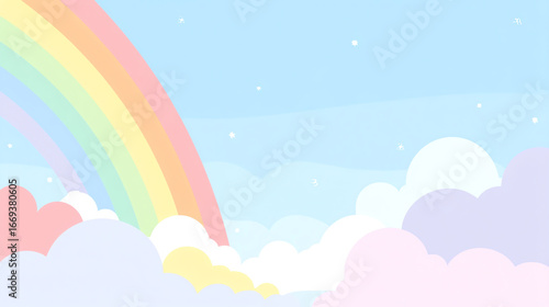 Pastel-colored clouds and a bright rainbow arch across a soft blue sky dotted with small white stars, creating a dreamy and whimsical atmosphere