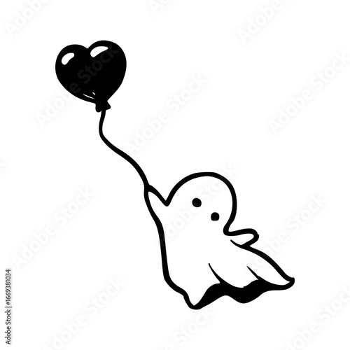 cute ghost holding a heart balloon