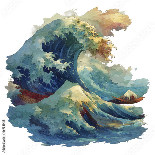 Wallpaper Mural A powerful blue ocean wave crashes with boats and Mount Fuji in the background Torontodigital.ca