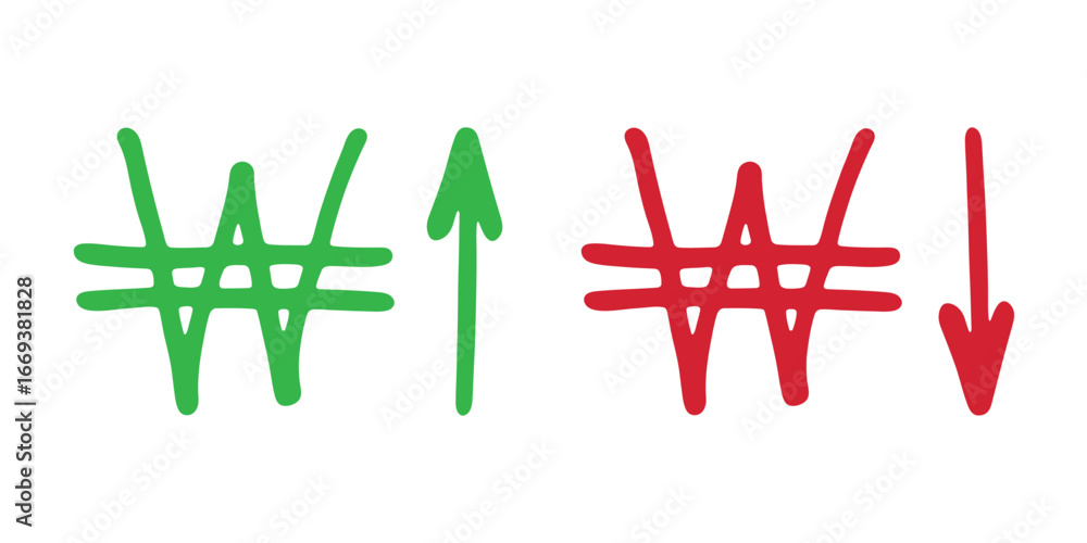 Hand drawn won currency symbol Growth and fall profit with arrow up and down Brush stroke doodle Element for design Hand drawn won currency symbol Growth and fall profit with arrow up and down Brush stroke doodle Element for design