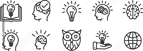 Flat vector illustration, knowledge icons, learning symbols, idea light bulb, human head, brain graphic, education design, innovation concept, wisdom icon, global knowledge