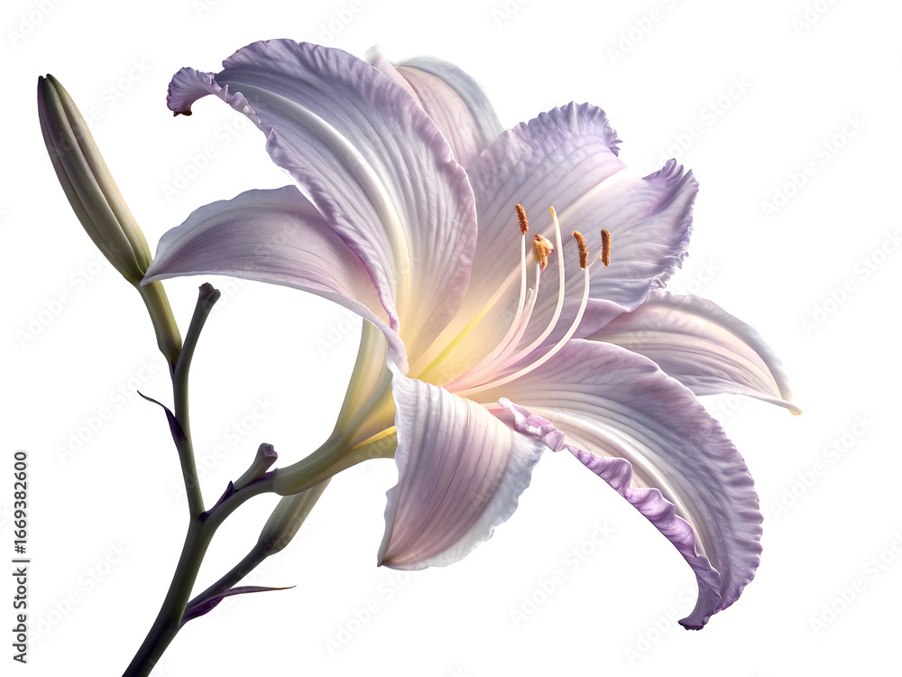 Naklejka premium Pale lavender daylily with delicate ruffled petals and stamen isolated on a transparent background