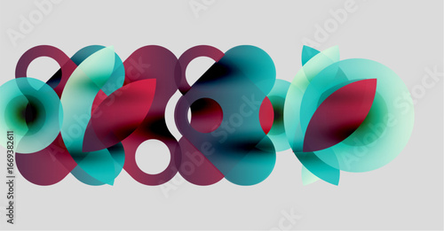Abstract composition featuring overlapping translucent circles. Colors include teal, red, white, creating dynamic visual effect.