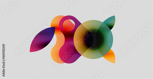 Abstract colorful shapes overlap, creating dynamic visual composition. Soft gradients suggest fluidity, movement. Light background enhances vibrancy.