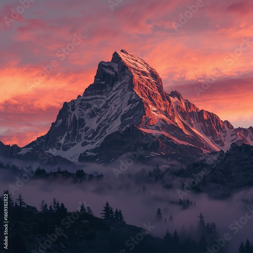A majestic crown shaped mountain peak glowing under sunset