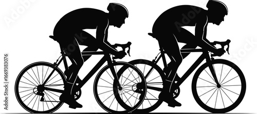 Dynamic cycling duo racing forward in sleek black silhouettes on white