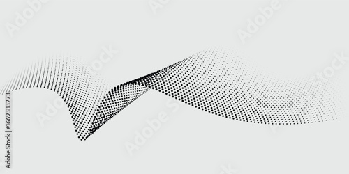 Flowing dots particles wave pattern 3D curve halftone black gradient curve shape isolated on white background. Vector in concept of technology, science, music best seller background