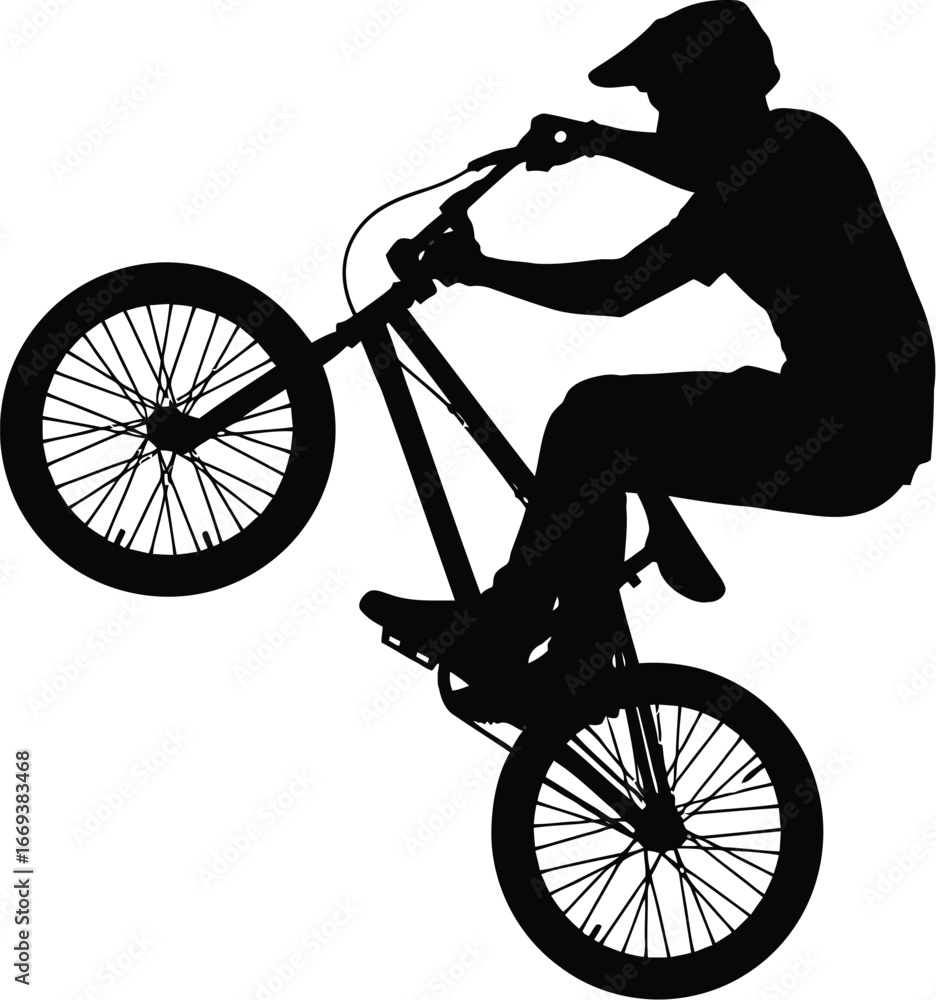 Fototapeta premium Dynamic silhouette of biker doing wheelie stunt for extreme sports brand